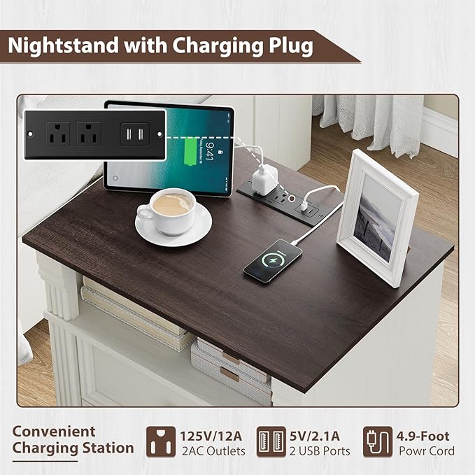 White Nightstand with Charging Station, Farmhouse Bedside Table & End Table with 2 Drawers and Chic Wood Pilasters Design, Side Table Storage Cabinet with Metal Handles for Bedroom, Living Room