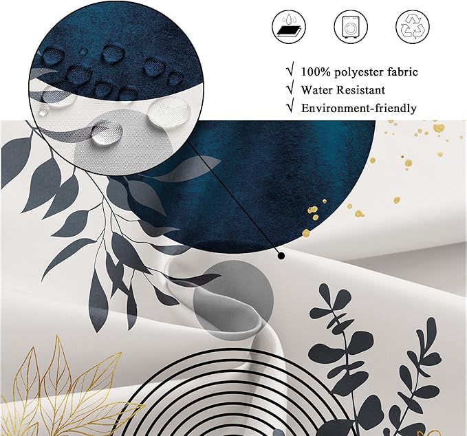 Riyidecor Small Stall Navy Blue Boho Mid Century Shower Curtain for Bathroom Decor 36Wx72H Modern Abstract Gold Leaves Minimalist Geometric Art Printed Fabric Polyester Waterproof 7 Pack Plastic Hooks