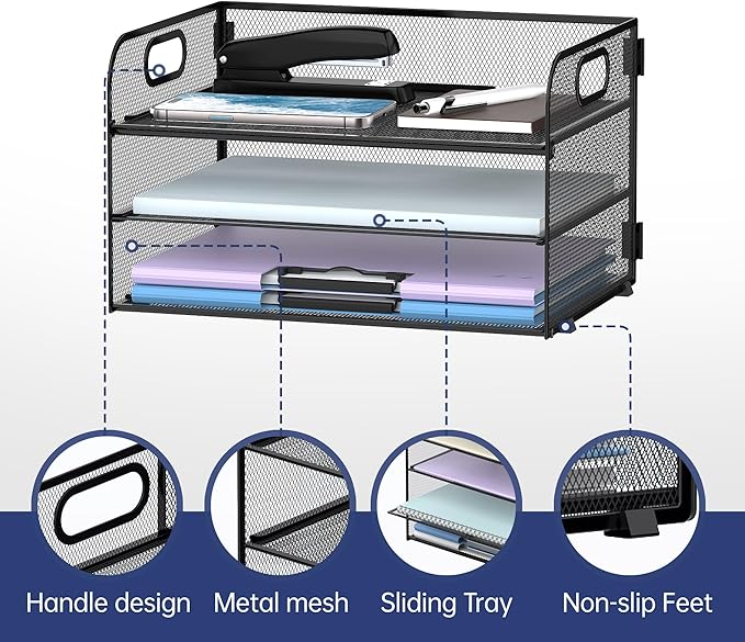 Supeasy 3 Tier Paper Organizer with Handle, Mesh Desk Organizer Letter Tray, Paper Tray File Organizer for A4 File Folder, Black