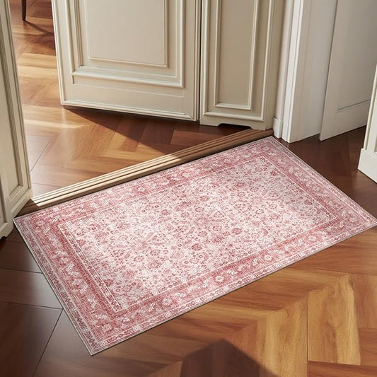 OPPODREAM Vintage Pink 2x3 Washable Rug, 2 x 3 Retro Door Mat Indoor Entrance Non Slip, Low-Pile Faux Wool Throw Carpet, Distressed Floor Mat for Kitchen, Hallway, Entry-Way, Back Door