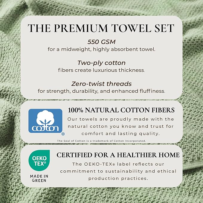 Great Bay Home 100% Cotton 6 Piece Towel Set - Absorbent, Quick-Drying, Durable Bath Towels for Bathroom Decor - Low-Twist, Two-Ply Fibers (Eucalyptus)