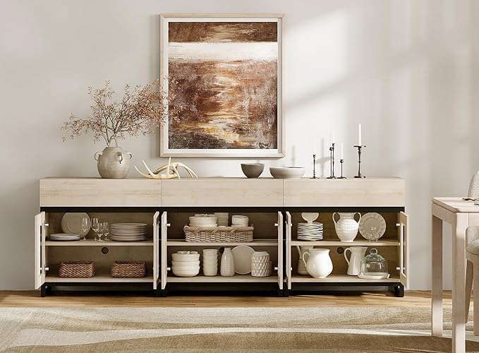WAMPAT Multifunctional Sideboard Buffet Cabinets with 6 Glass Doors and 3 Drawers, Modern Sideboard Credenza Coffee Bar Storage Cabinet for Living Room, Kitchen, Light Oak