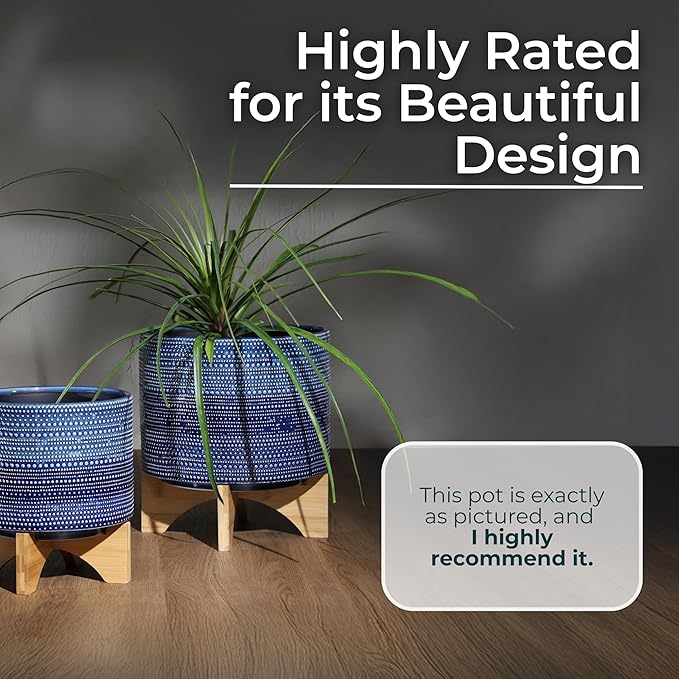 Dotted Decorative Planter Pot with Wood Stand – Ceramic Stoneware Outdoor & Indoor Plant Pot with Drainage Holes – Modern Garden & Home Decor Planters – 10", Blue