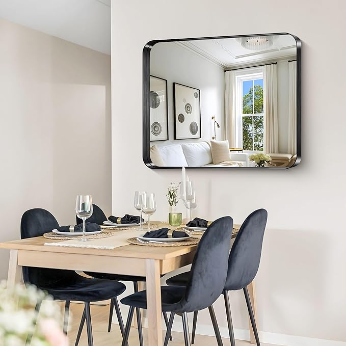 CIRCUMI Black Bathroom Mirror, 30"x36" Rectangular Mirror with Deep Metal Frame, Rounded Corner, Tempered Glass, Mirror for Wall, Oversink, Bedroom, Installed Vertically/Horizontally, Crystal-Clear