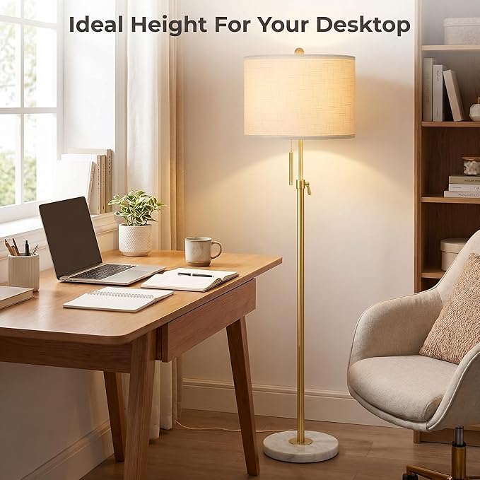 Qingmiao Gold Floor Lamps for Living Room, 55"-67" Height Adjustable Modern Tall Lamp, 3-Way Dimmable Standing Lamp for Bedroom Office Reading Corner Home Decor, New House Warming Gifts