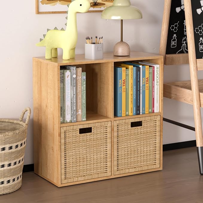 Wooden 4 Cube Storage Organizer with Closed Back Panel,White Cube Shelf Cubby Storage Organizers with Compartments for Living,Bookshelf,Organizers Easy to Install (Oak, 4 Cube)