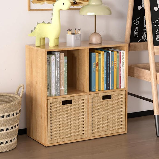 Wooden 4 Cube Storage Organizer with Closed Back Panel,White Cube Shelf Cubby Storage Organizers with Compartments for Living,Bookshelf,Organizers Easy to Install (Oak, 4 Cube)