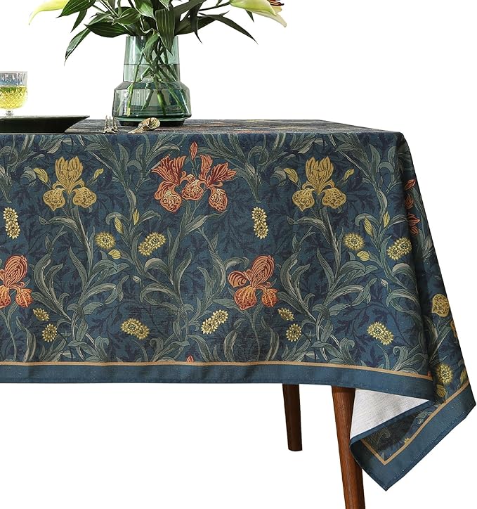 patdrea Designer Dark Blue Linen Rectangle Tablecloth,Vintage French Rustic Floral Pattern Tablecloths,Decorative Table Cover Cloth for Kitchen,Dining,Tea Party,Home,Christmas,55"*87"