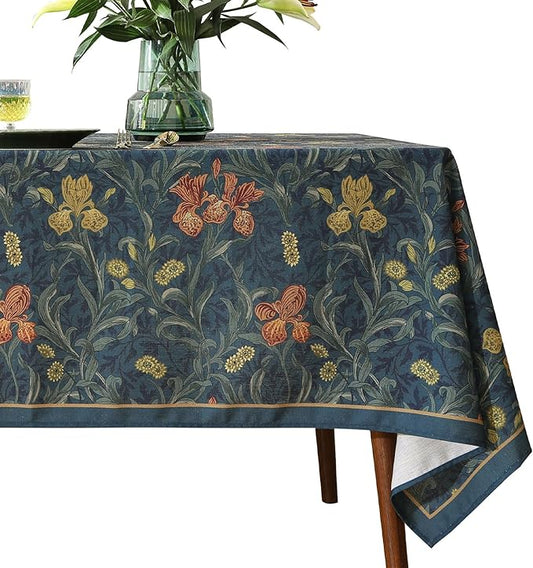 patdrea Designer Dark Blue Linen Rectangle Tablecloth,Vintage French Rustic Floral Pattern Tablecloths,Decorative Table Cover Cloth for Kitchen,Dining,Tea Party,Home,Christmas,55"*87"