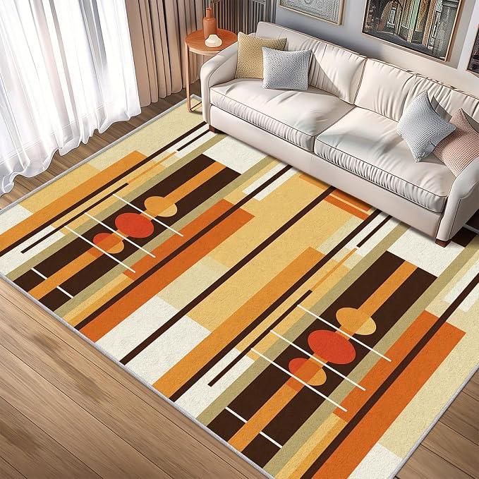 Contemporary Geometric Rug 7x7, Washable Retro Stripe Rugs for Living Room Bedroom, Mid Century Modern Area Rug for Home Decor, Non Slip Backing Floor Carpet with Gripper - 7 x 7 ft