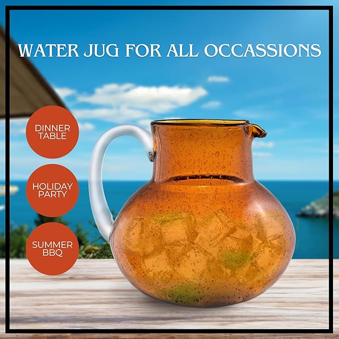 ARTLAND Iris 90oz Hand Blown Pitcher & Double Old Fashion 14oz Glasses (Set of 4) - Lead-Free Bubble Shape Glassware for Stylish Serving and Dining - Kitchen Essential & Table Decor (Amber)