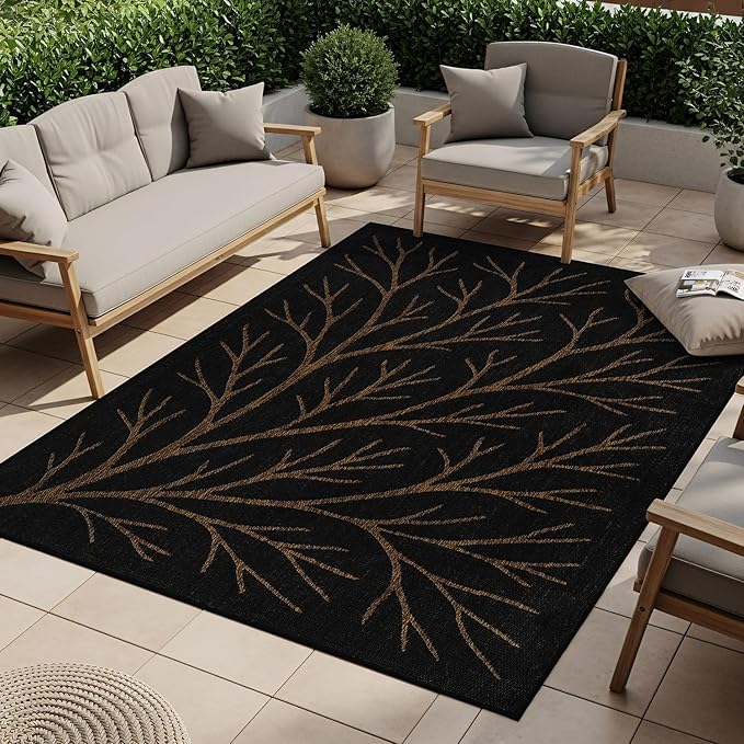 Washable Indoor Outdoor Rug 6x9 Modern Area Rugs Branch Pattern Non Shedding Waterproof Easy Clean Patio Deck Porch Living Room Bedroom Garden RV (6 X 9 Gold)