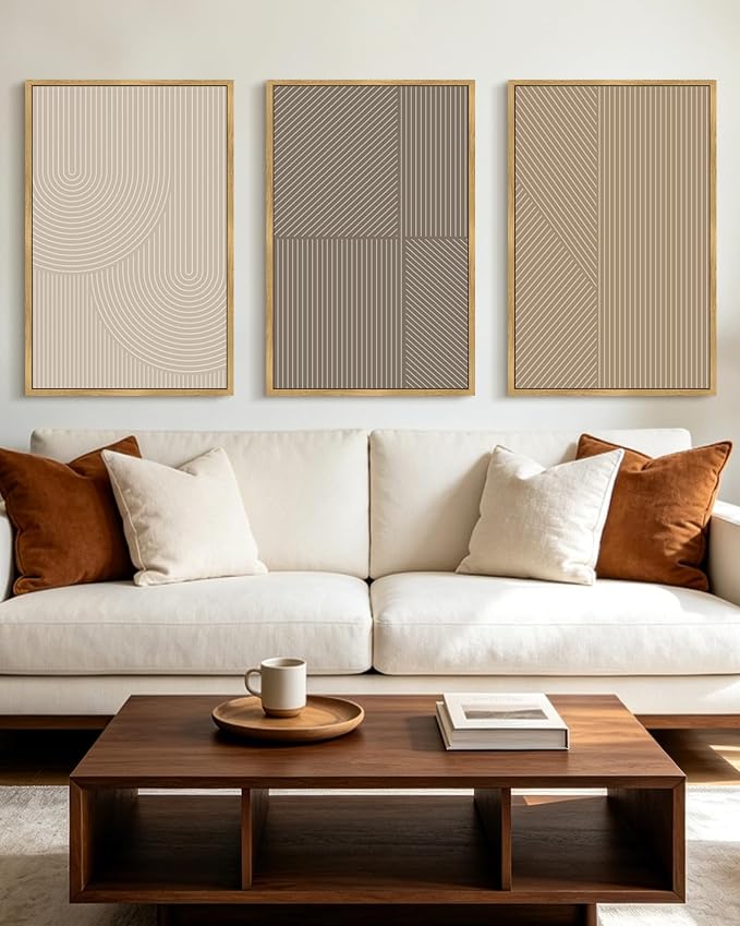 KUVIOKE Minimalist Abstract Bohemian Framed Wall Art Modern Boho Neutral Line Wall Decor Geometric Artwork Bedroom Dining Room 24x36in (Natural Framed)