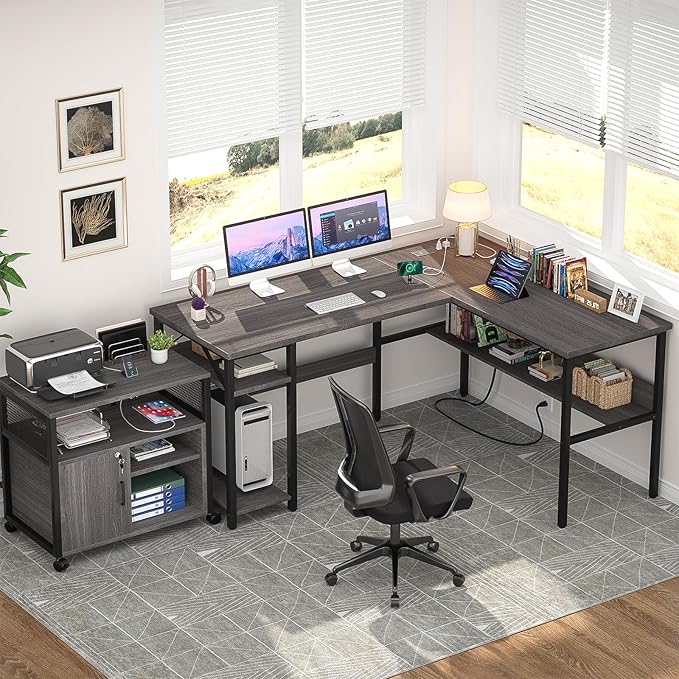Unikito Reversible L Shaped Desk with Magic Power Outlets and USB Charging Ports, Sturdy Corner Computer Desk with Storage Shelves, Gaming Table Home Office Desk, Easy to Assemble, Enoch Walnut