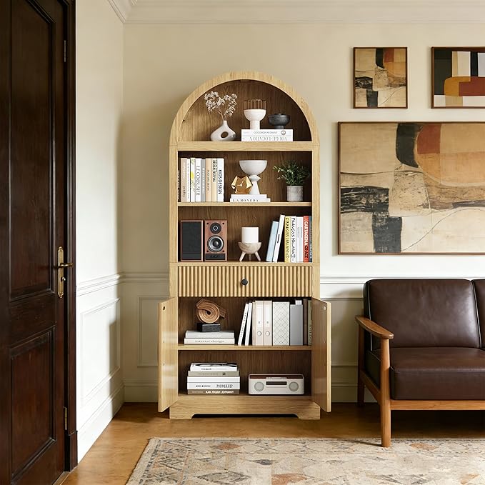 Farmhouse Arched Bookshelf, Mid-Century Modern 5-Tier Curved Cabinet with Door, Wooden Bathroom Storage Cabinet, Kitchen Pantry Cabinet for Living Room, Kitchen，Home Office, Natural