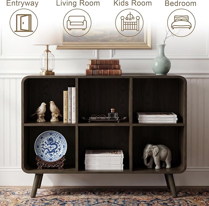 YOSHOOT 6 Cube Bookshelf - 35.4" Wood Cube Bookcase with Legs, Open Cubby Bookshelves with Curved Profile Design for Bedroom, Living Room,Home Office, Walnut