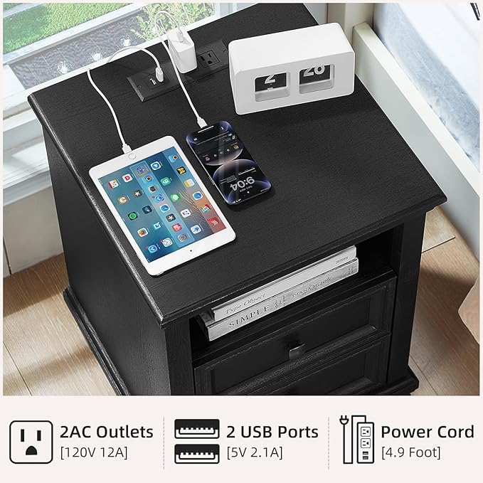 Farmhouse Side Table with Charging Station, Rustic Black Nightstand with Drawers, Bedside Table with Open Shelf for Bedroom, Black