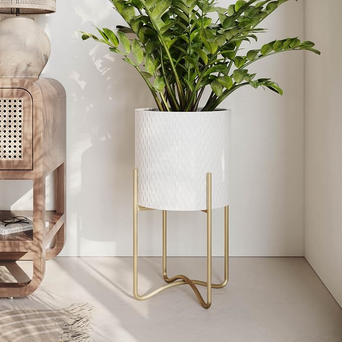 EverNest Claire Mid-Century Modern White Plant Pot with Ambrose Stand, SelectBase, Indoor Plant Pot, Bohemian Style, Minimalist Plant Home Décor (Set of 3, Gold)