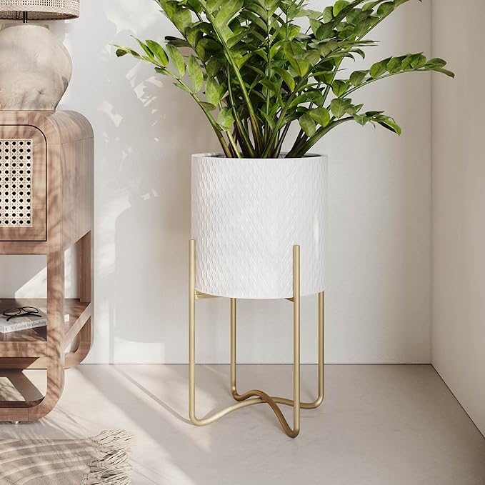 EverNest Claire Mid-Century Modern White Plant Pot with Ambrose Stand, SelectBase, Indoor Planter, Bohemian Style, Minimalist Plant Home Décor (Medium, Gold)