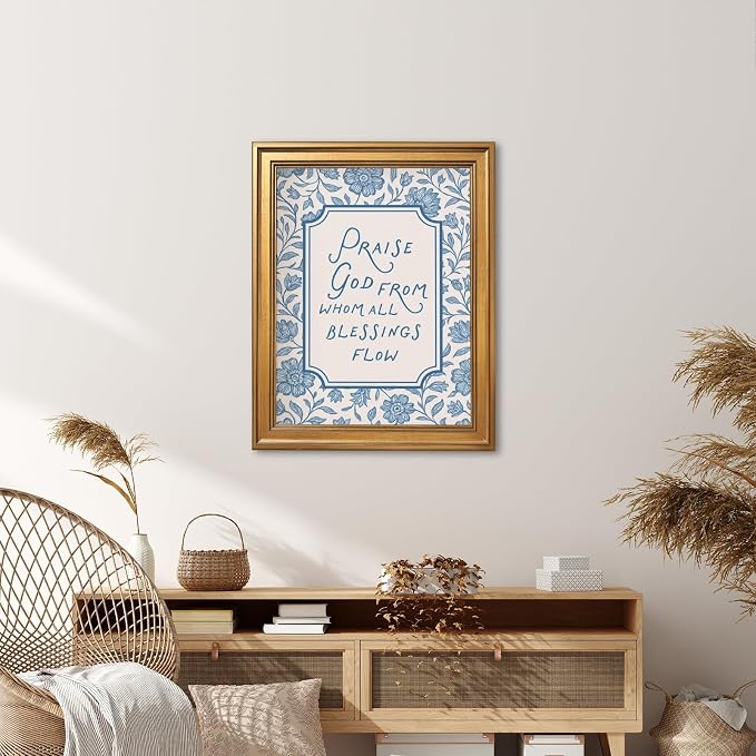 Framed Vintage Christian Wall Art Praise God From Whom All Blessings Flow Poster Light Blue Floral Scripture Print Retro Bible Verse Canvas Painting for Home Faith Based Decor 12x16inch