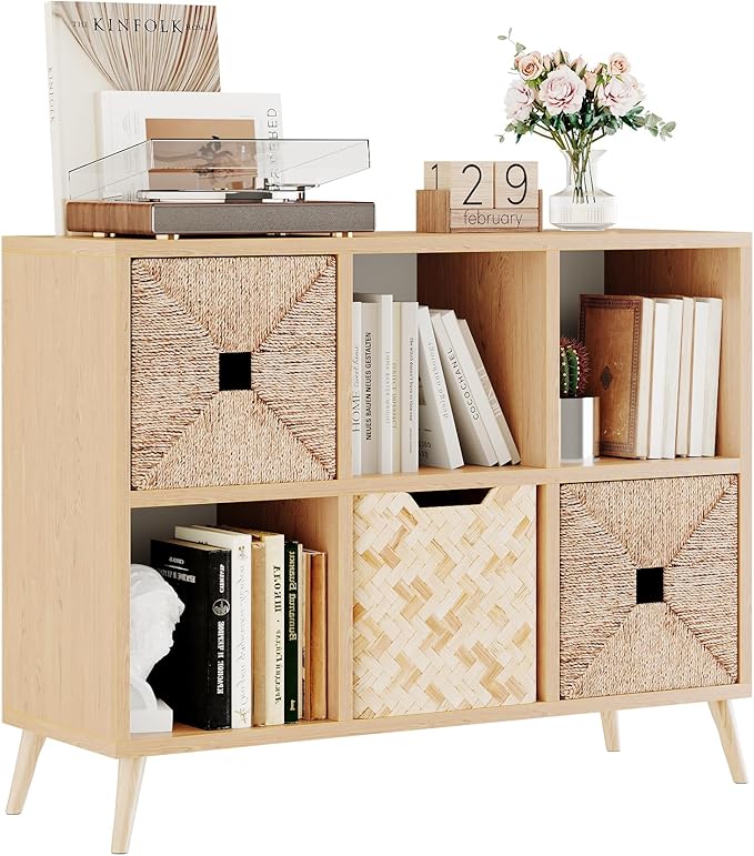 6 Cube Storage Organizer, Wood Bookcase with Legs, Modern Freestanding Cubby Shelving Unit, Book Shelf Toy Storage Cabinet for Bedroom, Living Room, Kids Room, Fits 11 Inch Bins, Natural
