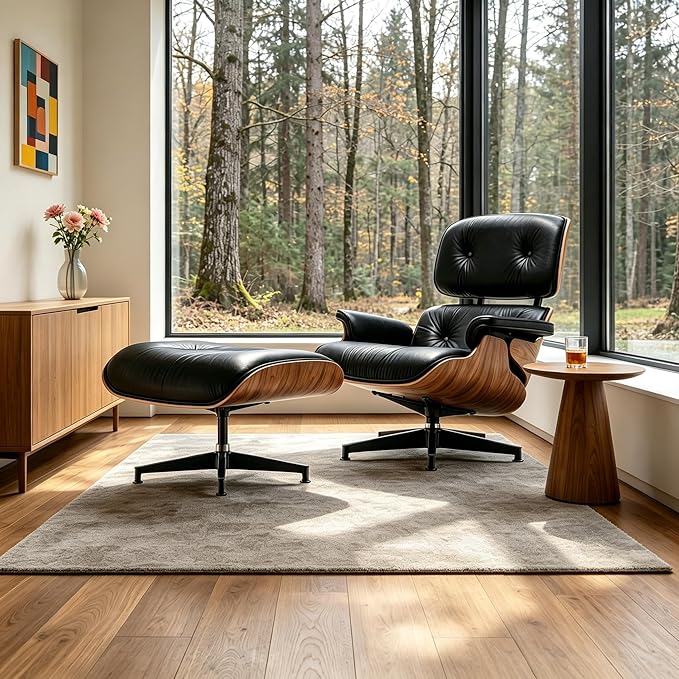 Mid Century Chaise Lounge Chair with Ottoman, Modern Retro Classic Design, PU Leather & Walnut Wood, Heavy Duty Metal Support, Comfortable for Living Room Bedroom Office（Black-Premium）