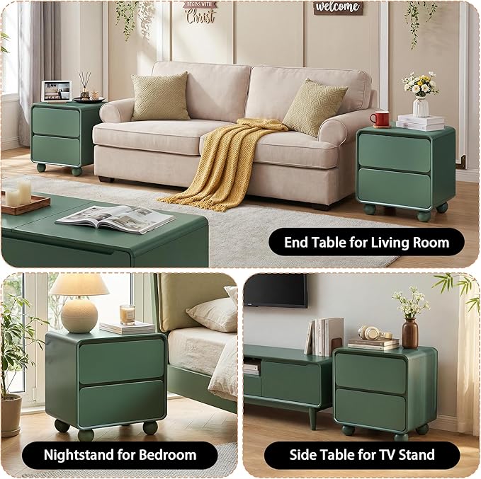 AVZEAR Modern 2 Drawer Dresser, 2 Drawer Nightstand Small Wooden Dresser Chest of Drawers, Handle Free & Curved Profile Design Sofa End Table for Living Room, Nursery, Green