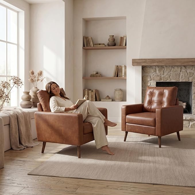HNY Set of 2 Mid Century Modern Armchair, Button Tufted Faux Leather Accent Chair with Arm, Upholstered Club Chair for Living Room, Bedroom, Rubber Wood Legs, Caramel