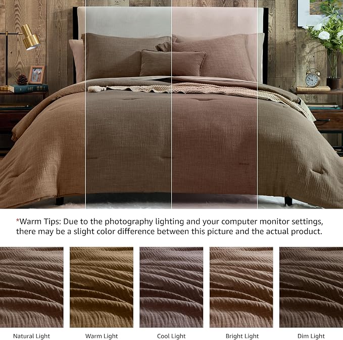 Geniospin California King Comforter Set - 7 Pieces Brown Cal King Bedding Set, Solid Bed Set for All Season, Textured Bed in a Bag with Flat Sheet and Fitted Sheet, Pillowcases and Shams