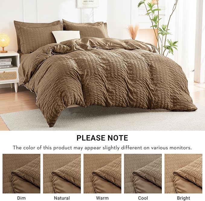 HYMOKEGE Brown King Size Comforter Set Seersucker 7 Pieces, All Season Luxury Bed in a Bag for Bedroom, Bedding Set with Comforter, Sheets, Pillowcases & Shams
