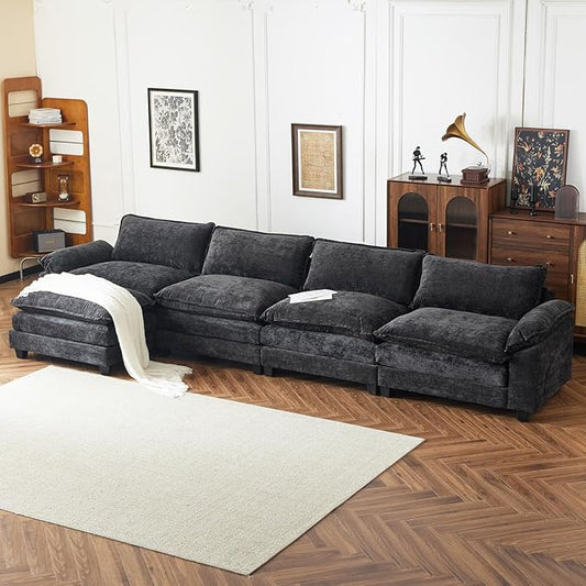 VINGLI 157" Cloud Black Convertible Sectional Sofa, Comfy L-Shape Extra Deep Seat Sofa Couch for Living Room,Modern Chenille 4-Seat Convertible Sofa with Movable Ottoman for Small Space