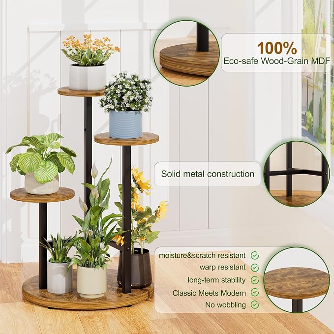 3 Tiers Wood Plant Tables Indoor Plant Stand Tall Metal Wood Plant Shelf Outdoor Indoor Plant Table Rack Tiered Plant Stand Garden Accessories for Living Room Balcony Patio - BlackRound