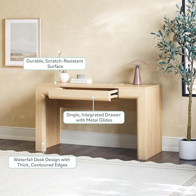 Walker Edison Amira Modern MDF Waterfall Writing Desk with a Built-in Storage Drawer, 52 Inch, Light Ash