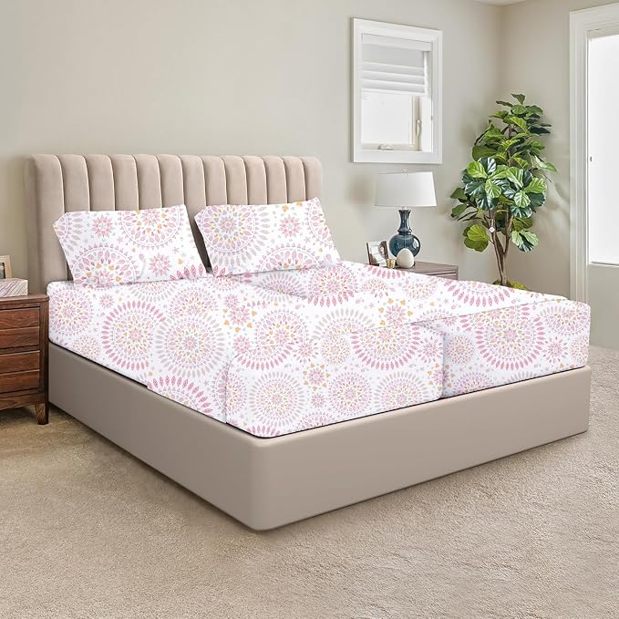 SGI Split King Sheet Set for Adjustable Bed Egyptian Premium Cotton 600 Thread Count Sheets for Sleep Number Bed 15" Deep Pocket 5 Pc Set with 2 Twin XL Fitted Sheets Soft Breathable - Boho Mandala
