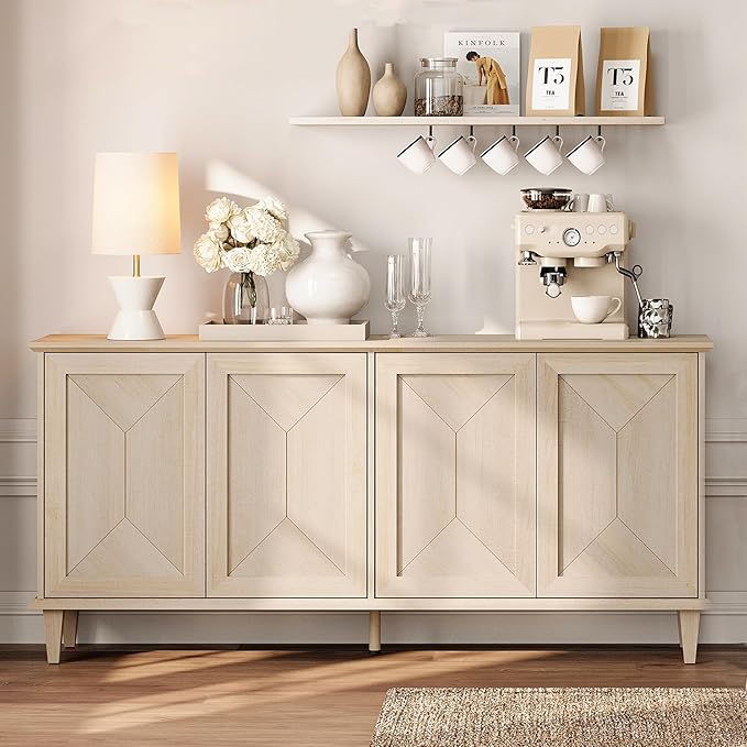 WAMPAT 65-inch Handcrafted Patchwork Decorative Buffet Cabinet with Pop-Up Design Doors,Full Unit Modern Farmhouse Accent Credenza for Coffee Bar, Kitchen, and Living Room, Light Oak
