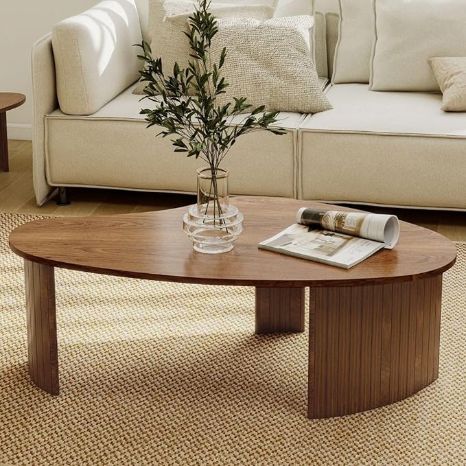 Mid Century Modern Walnut Coffee Table 47.25 Inch for Living Room, Sturdy Wood Center Table with Irregular Mango Top and Fluted Legs for Small Apartment