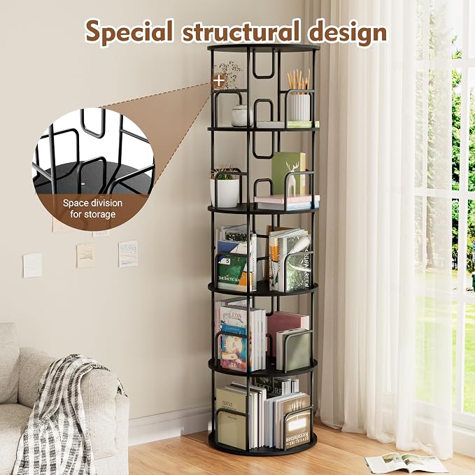 YZU Rotating Bookshelf 5 Tier 360 ° Display Spinning Bookshelf Tower, Revolving Bookcase Narrow Space Saving Swivel Book Shelf Corner Storage Organizer for Bedroom, Living Room Corner, Office