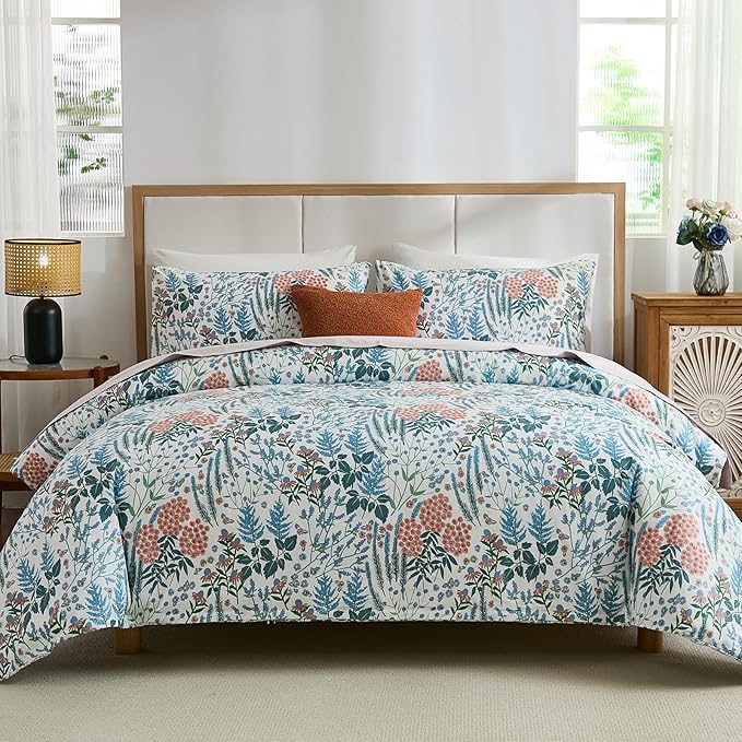 Cozeline 100% Cotton Duvet Cover King Size, Blue and Red Floral Bedding Set with Zipper Closure, 3 Pcs Breathable and Soft Botanical Duvet Cover for All Season