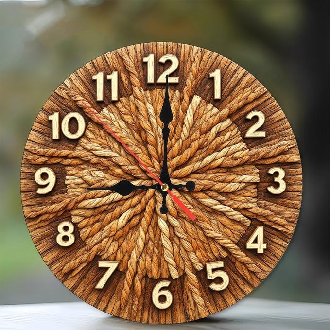 Rope Weave Sunburst Farmhouse Wooden Wall Clock 25cm*25cm