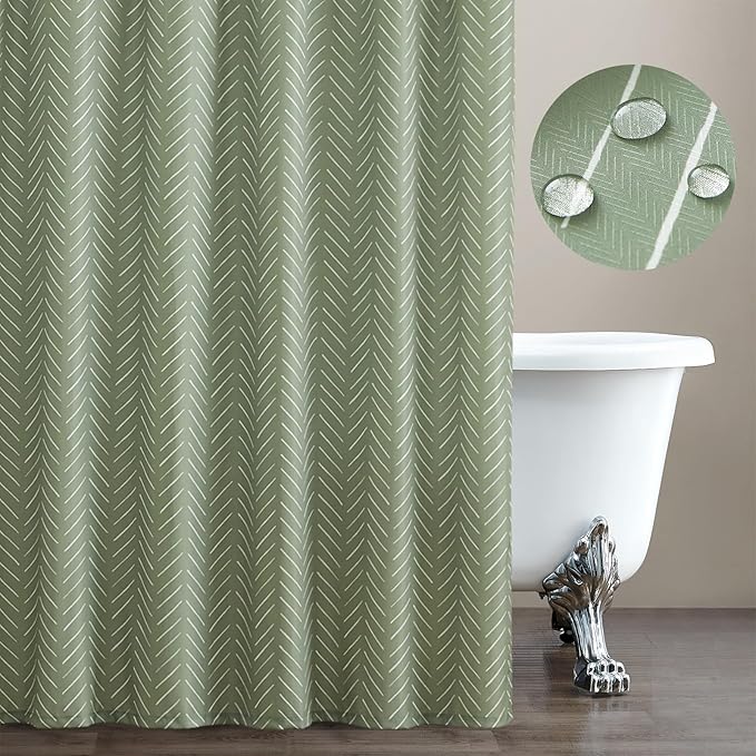 jinchan Sage Green Shower Curtain with White Herringbone Striped Zig Zag Chevron Waterproof Fabric Modern Farmhouse Shower Curtains for Bathroom with 12 Hooks 70x72 Inches