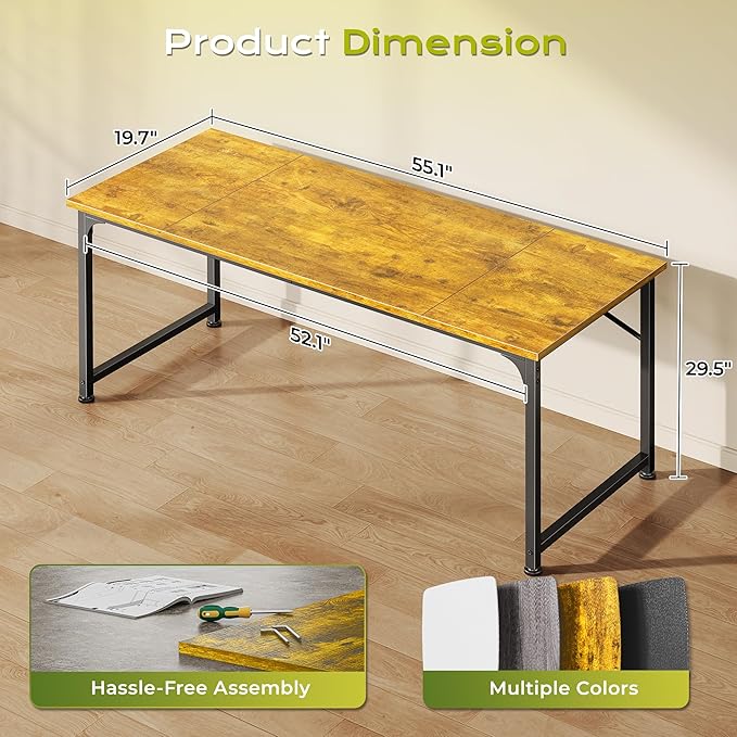 PRAISUN 55 Inch Computer Desk, Home Office Desk with Spacious Desktop, Modern Gaming Desk, Writing Study Table for Bedroom, Small Spaces, Work from Home Desk with Metal Frame, Retro Brown