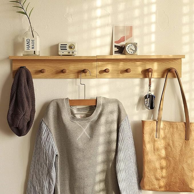 Entrance Coat Rack ，Coat Hooks, Wall-Mounted Wooden Hook Rack, Wall-Mounted Shelves are Very Suitable (Oak Colored Finish—A-1)