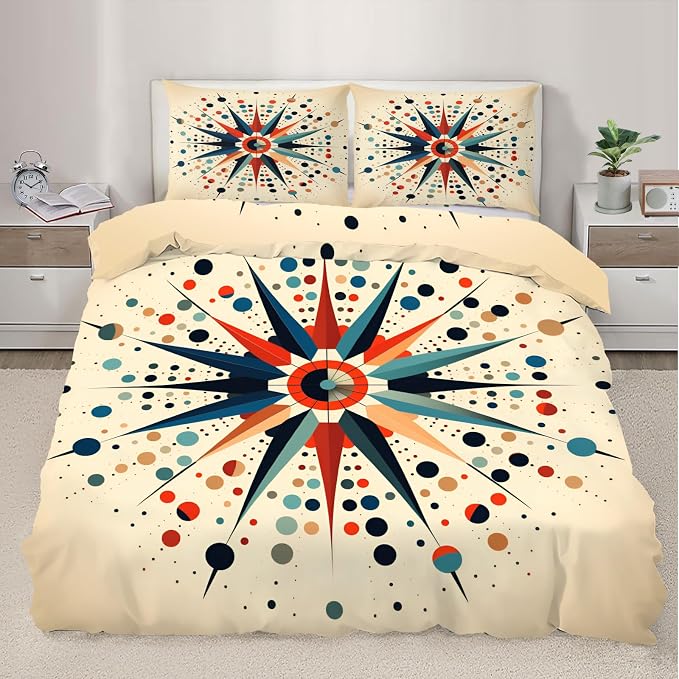 Retro Mid Century Duvet Cover Twin Size, Vintage Geometric Bedding Set 2 Piece Kids and Adults Colorful Atomic Comforter Cover and 1 Pillow Sham with Zipper Closure
