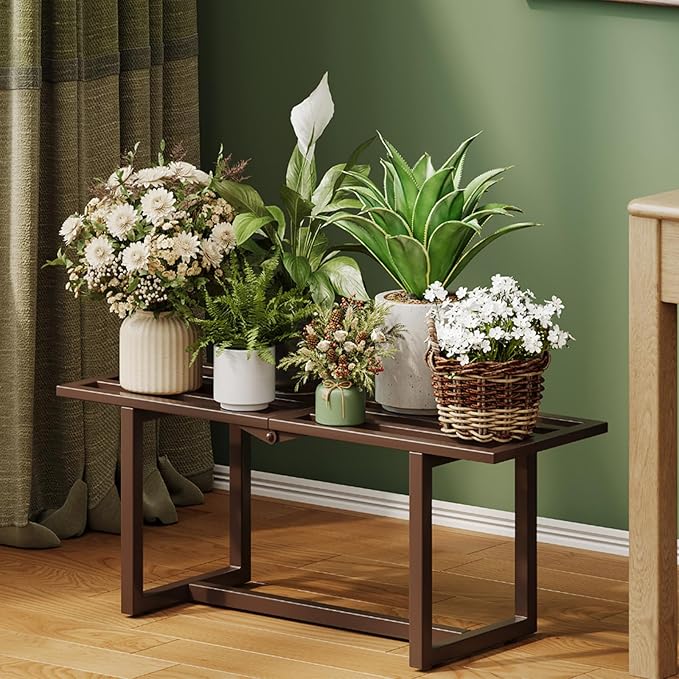 2 Pack Metal Plant Stand, Foldable Heavy Duty Indoor, Window Iron Plant Shelf - Mid Century Modern Slatted Bench for Patio, Garden, Living Room Load Bearing 330 lbs, 26" L x 10.4" H x 8.6" W 1 Tier Coffee