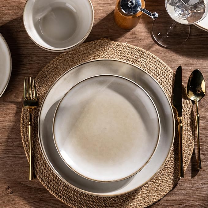 AmorArc Stoneware Dinnerware Sets for 6, 18 Pieces Handpainted Ceramic Plates and Bowls Set, Scratch Resistant Dishes Set, Dishwasher & Microwave Safe, Cappuccino