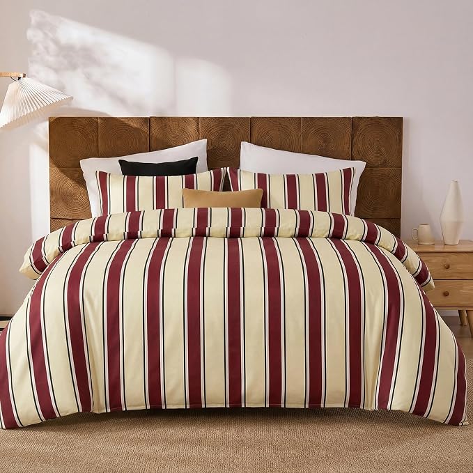 Merryword Red and Cream Striped Duvet Cover Set Queen Size, 100% Cotton Bedding Set with Zipper Closure & 8 Corner Ties, Awning Stripe Bedding, Soft Breathable Comforter Cover for All Seasons