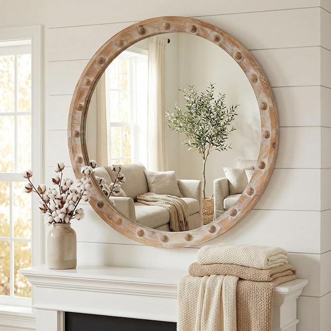 23.62'' Vintage Rustic Round Wall Mirror with Rivet Detail Frame & Pre-Installed Hanging, Decorative Mirror with Large Reflective Surface for Bathroom Bedroom Living Room, Natural