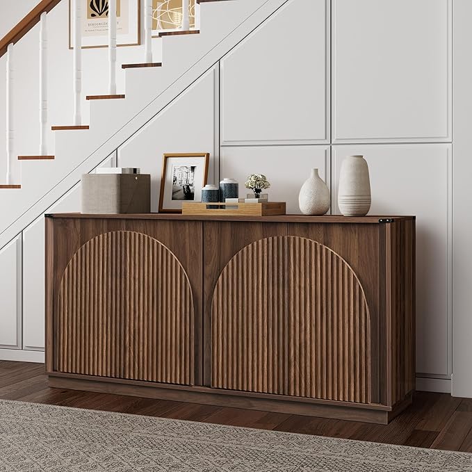 65" Sideboard Buffet Cabinet with Storage, Mid Century Modern Fluted Accent Credenza with Adjustable Shelves, Wood Media TV Console Coffee Bar Table for Dining Room, Living Room, Walnut