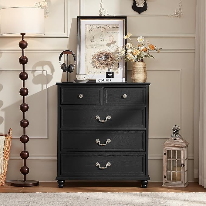 Farmhouse 5 Drawer Dresser for Bedroom, 35" Tall Rustic Chests of Drawers w/ 4 Solid Wood Feet, Mid Century Modern Wooden Closet Storage Dressers Organizer for Living Room, Hallway,Black