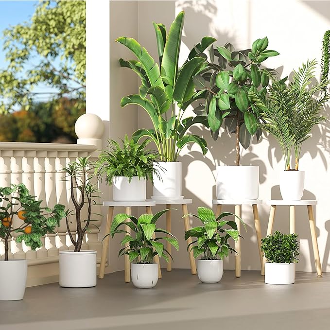 2-Pack Wood Plant Stands Indoor, 16.7" Tall Plant Stand Outdoor Mid-Century Plant Stool, Single Plant Table Modern Small Round Side/End Table for Living Room, Balcony, Office(White)